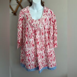 Boden Red White Ikat Cotton Tunic Top Blue Stripe Hem US 16